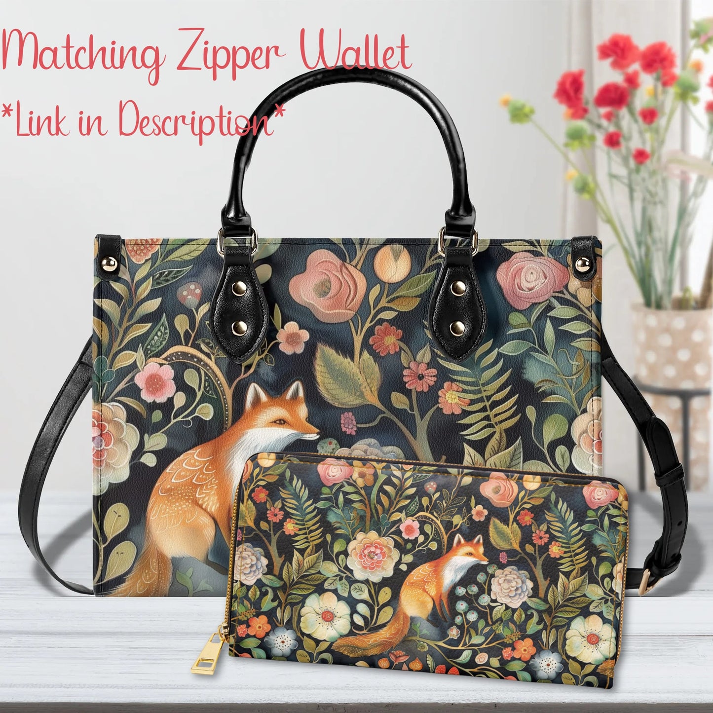 Enchanted Fox Grove Tote Handbag. Colorful Handbag, Waterproof PU Leather Tote, Top Handle Vegan Leather, Crossbody, Shoulder bag.