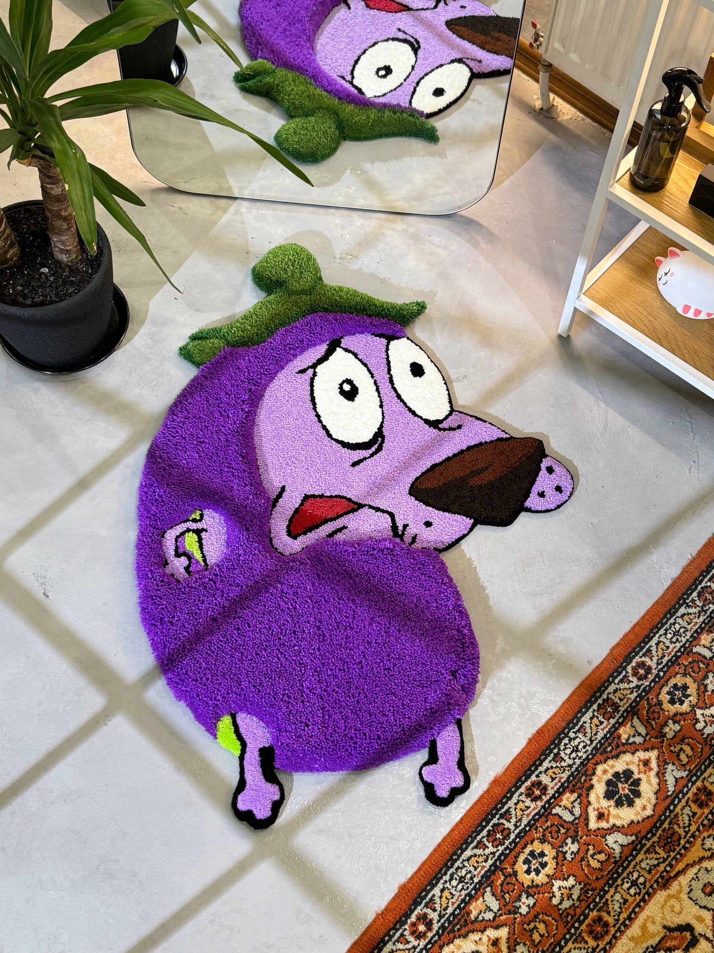 Tufted Purple Eggplant 3D Rug, Cute Cartoon Dog Rug, 3D Moss Rug, Handmade Floor art, Fluffy Tufted Rug, Yellow Rug, Flower Moss Rug