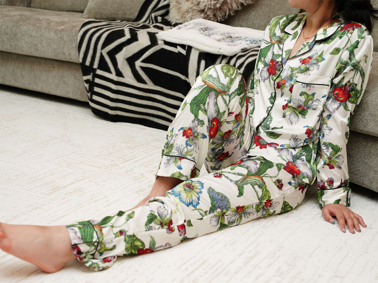 Exotic Rainbow Flower Print Pyjama Set ,Long Sleeves ,Bride and Bridesmaid Pajama , Birthday Gifts For Her?Could Be Wear Outside,