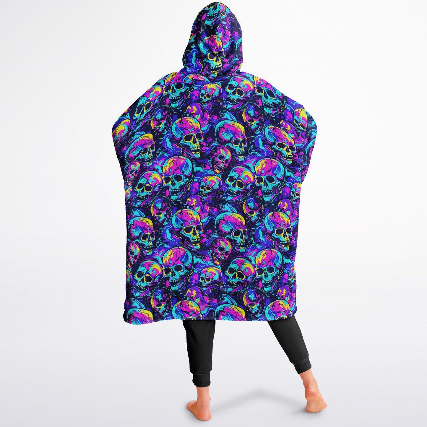 Unisex Neon Skulls Halloween Print Reversible Snug Hoodie,Festival Rave Party Wear,Oversized Double Sided Hoodie Blanket,Unique Gifts