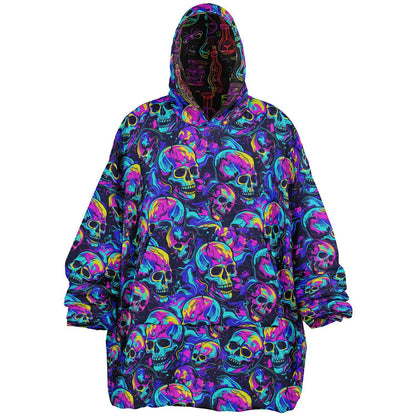 Unisex Neon Skulls Halloween Print Reversible Snug Hoodie,Festival Rave Party Wear,Oversized Double Sided Hoodie Blanket,Unique Gifts