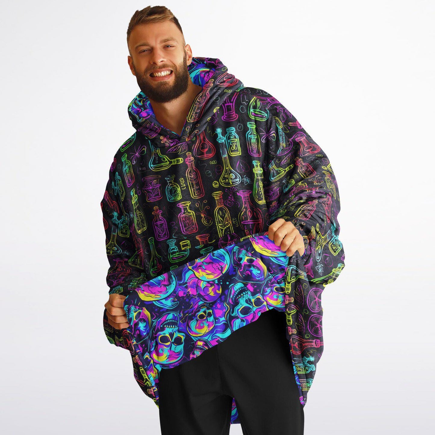 Unisex Neon Skulls Halloween Print Reversible Snug Hoodie,Festival Rave Party Wear,Oversized Double Sided Hoodie Blanket,Unique Gifts