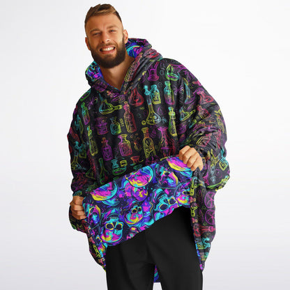 Unisex Neon Skulls Halloween Print Reversible Snug Hoodie,Festival Rave Party Wear,Oversized Double Sided Hoodie Blanket,Unique Gifts
