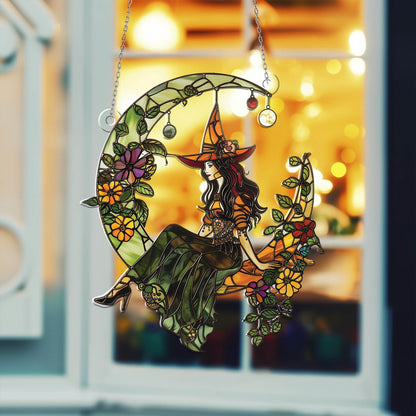 Witch And Moon Acrylic Window Hangings, Witch Ornament, Halloween Gothic Decor, Scary Decor,Spooky Home Decor,Halloween Gift,Halloween Decor