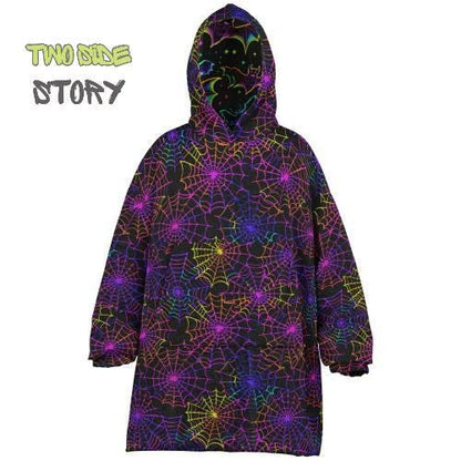 Halloween Print Neon Cobweb Bats Reversible Kids Snug Hoodie,Oversized Double Sided Youth Hoodie Blanket,Warm Blanket Sleeves,Unique Gift