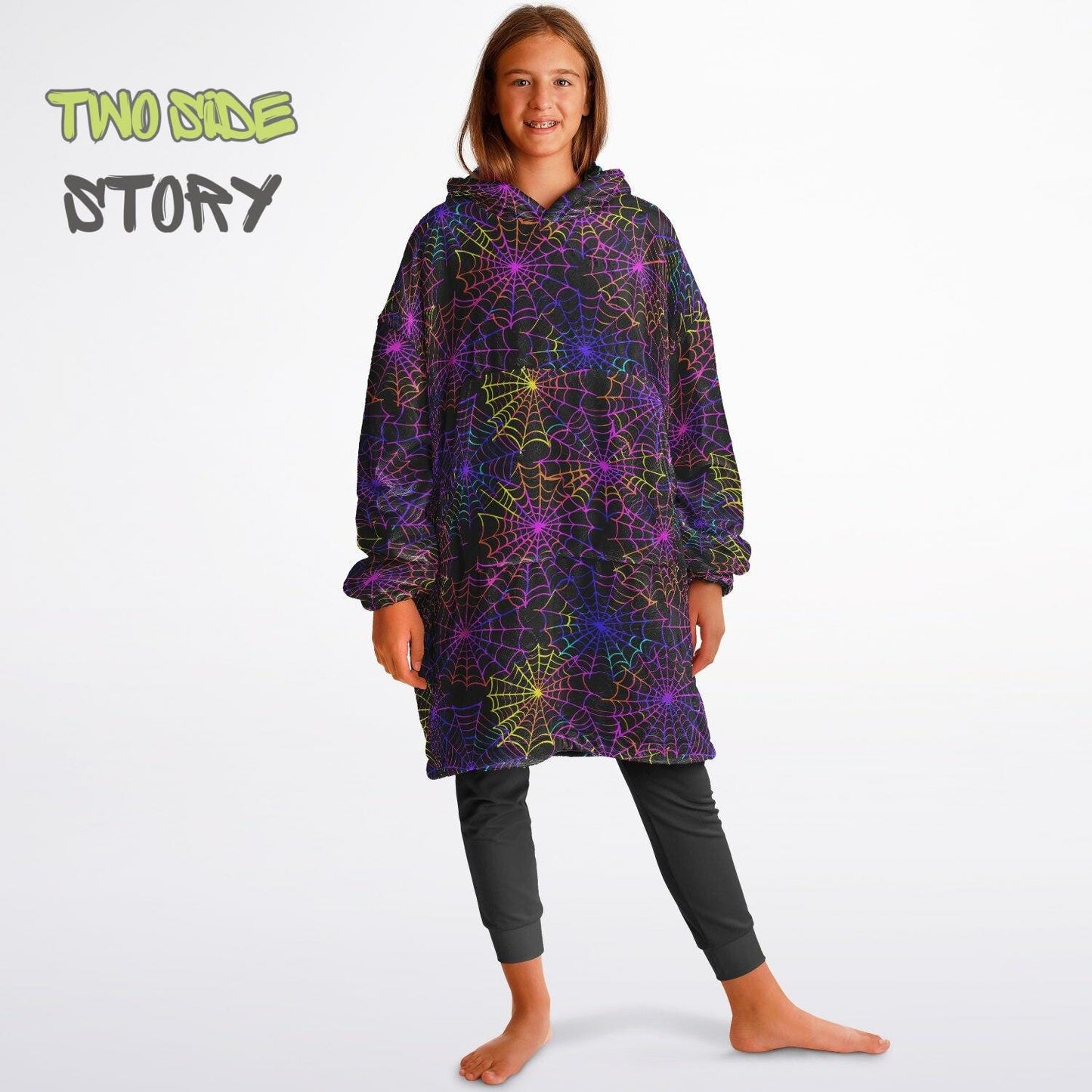 Halloween Print Neon Cobweb Bats Reversible Kids Snug Hoodie,Oversized Double Sided Youth Hoodie Blanket,Warm Blanket Sleeves,Unique Gift