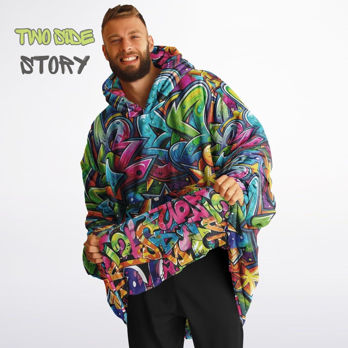Graffiti Print Reversible Adult Snug Hoodie,Vivid Color Graffiti Oversized Double Sided Hoodie Blanket,Warm Blanket with Sleeves,Unique Gift