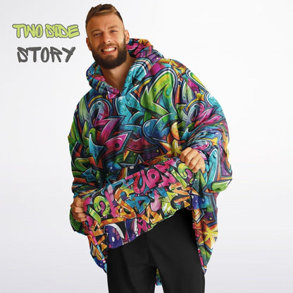 Graffiti Print Reversible Adult Snug Hoodie,Vivid Color Graffiti Oversized Double Sided Hoodie Blanket,Warm Blanket with Sleeves,Unique Gift