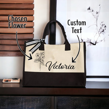 Floral Name Tote, Personalized Canvas Tote, Mothers Day Gifts, Gift for Her, Birth Month Flower Bag, Custom Tote Bag, Reusable Shopping Bag