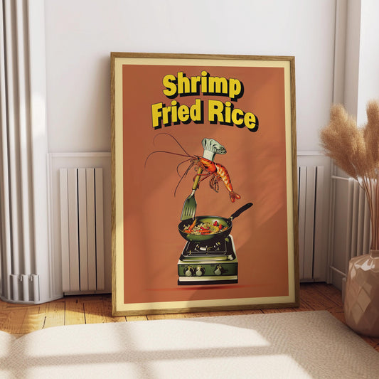 Shrimp Fried Rice Funny Retro Print for Kitchen Vintage Bar Wall Decor Andy Warhol Pop Art Style Whimsical Seafood Poster for Man Cave Decor