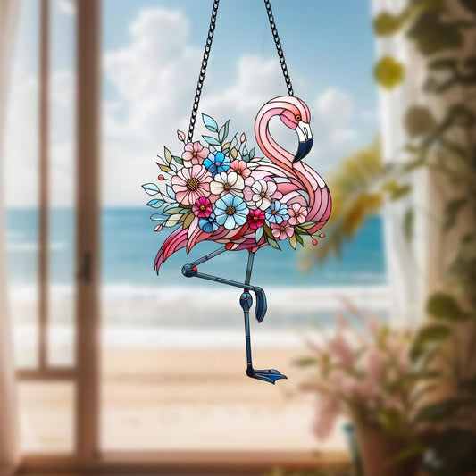 Pink Flamingo window hanging, Sunset lotus flowers, Acrylic window hangings, bird artwork, Mothers day gift, Gift for her,Housewarming decor