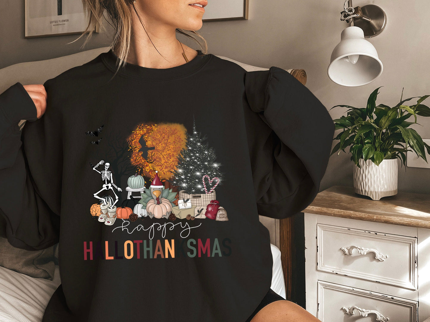 Happy Hallothanksmas Sweatshirt, Halloween Gift For Women ,Christmas Sweatshirt, Cute Halloween Sweater, Colorful Halloween Sweatshirt