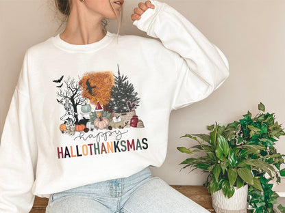 Happy Hallothanksmas Sweatshirt, Halloween Gift For Women ,Christmas Sweatshirt, Cute Halloween Sweater, Colorful Halloween Sweatshirt