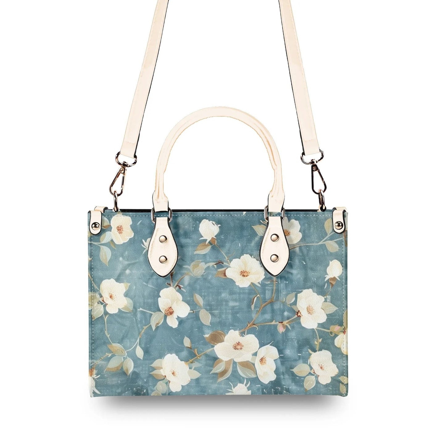 Summer Blue Bloom Handbag. Colorful Handbag, Waterproof PU Leather Tote, Top Handle Vegan Leather, Crossbody, Shoulder bag. Square Tote Bag