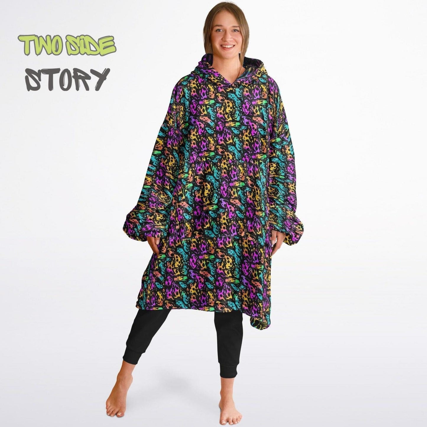 Unisex Neon Psychedelic Waves Print Print Reversible Snug Hoodie,Festival Rave Party Wear,Oversized Double Sided Hoodie Blanket,Unique Gifts