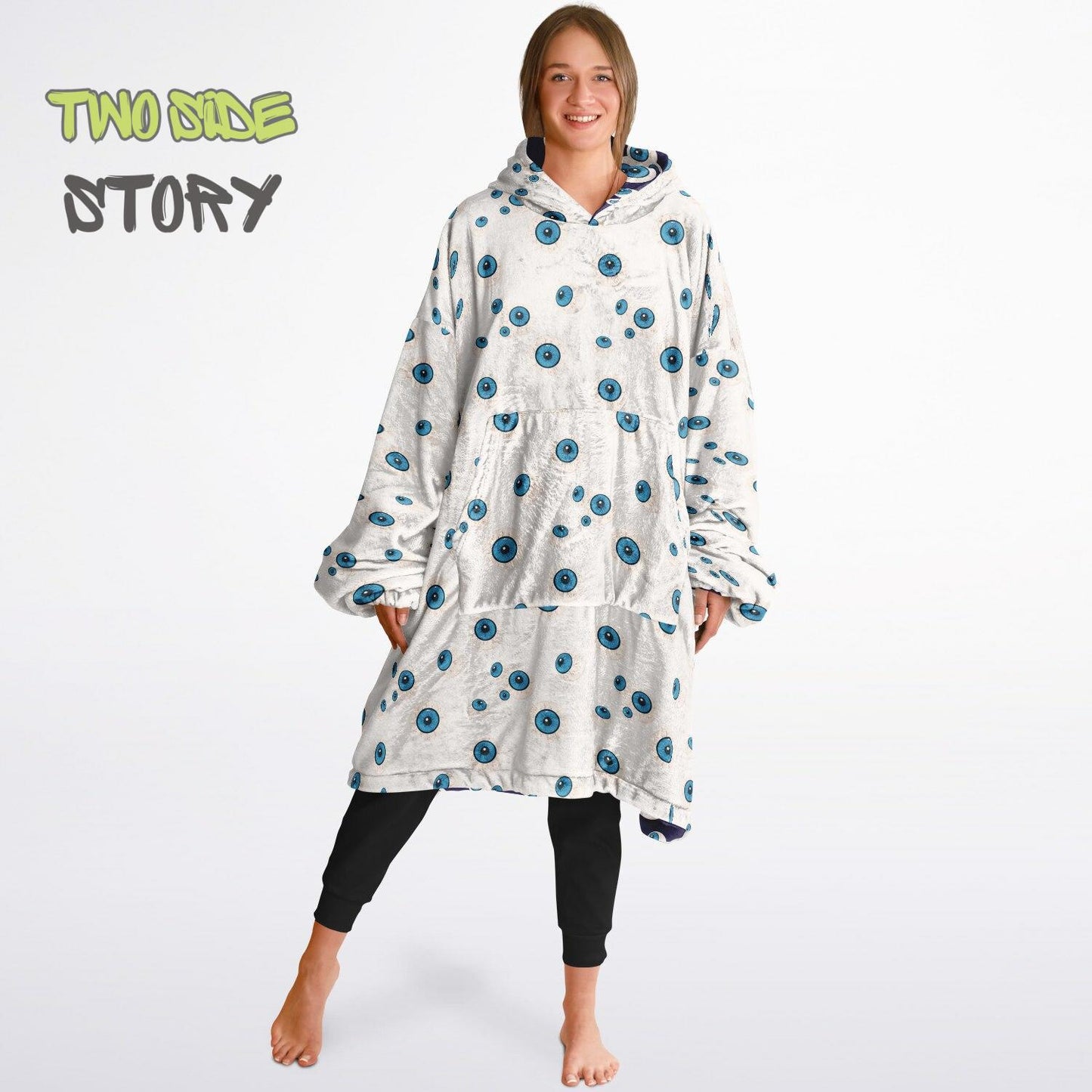 Unisex Evil Eye Reversible Snug Hoodie,Mykonos Eye Double Sized Hooded Blanket,Blanket with Sleeves,Lounge Wear,Unique Gifts,Christmas Gift