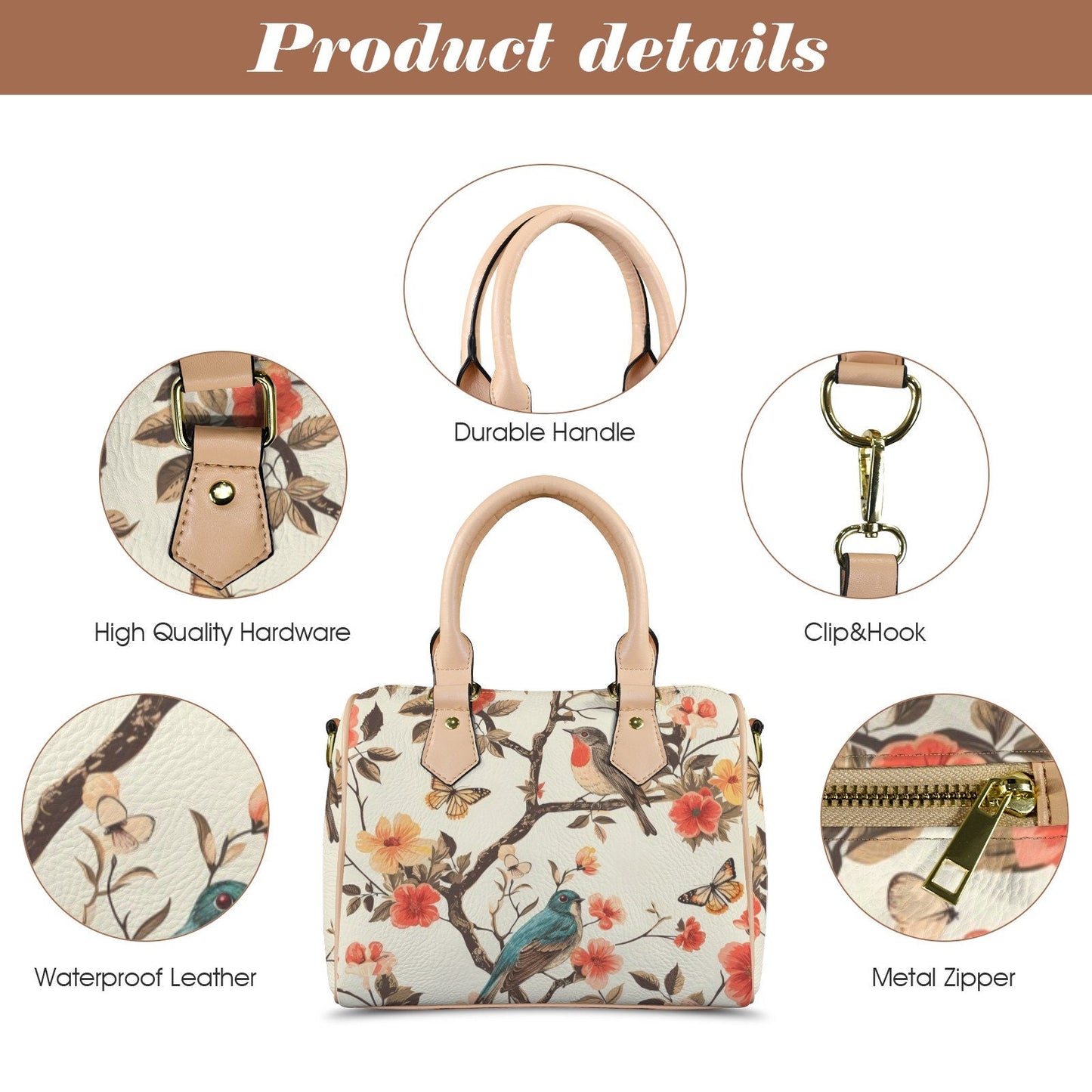 Songbird Elegance Boston Handbag, Waterproof PU Leather Handbag, Top Handle Vegan Leather, Crossbody, Shoulder bag.