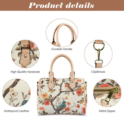 Songbird Elegance Boston Handbag, Waterproof PU Leather Handbag, Top Handle Vegan Leather, Crossbody, Shoulder bag.