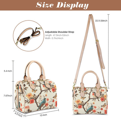 Songbird Elegance Boston Handbag, Waterproof PU Leather Handbag, Top Handle Vegan Leather, Crossbody, Shoulder bag.
