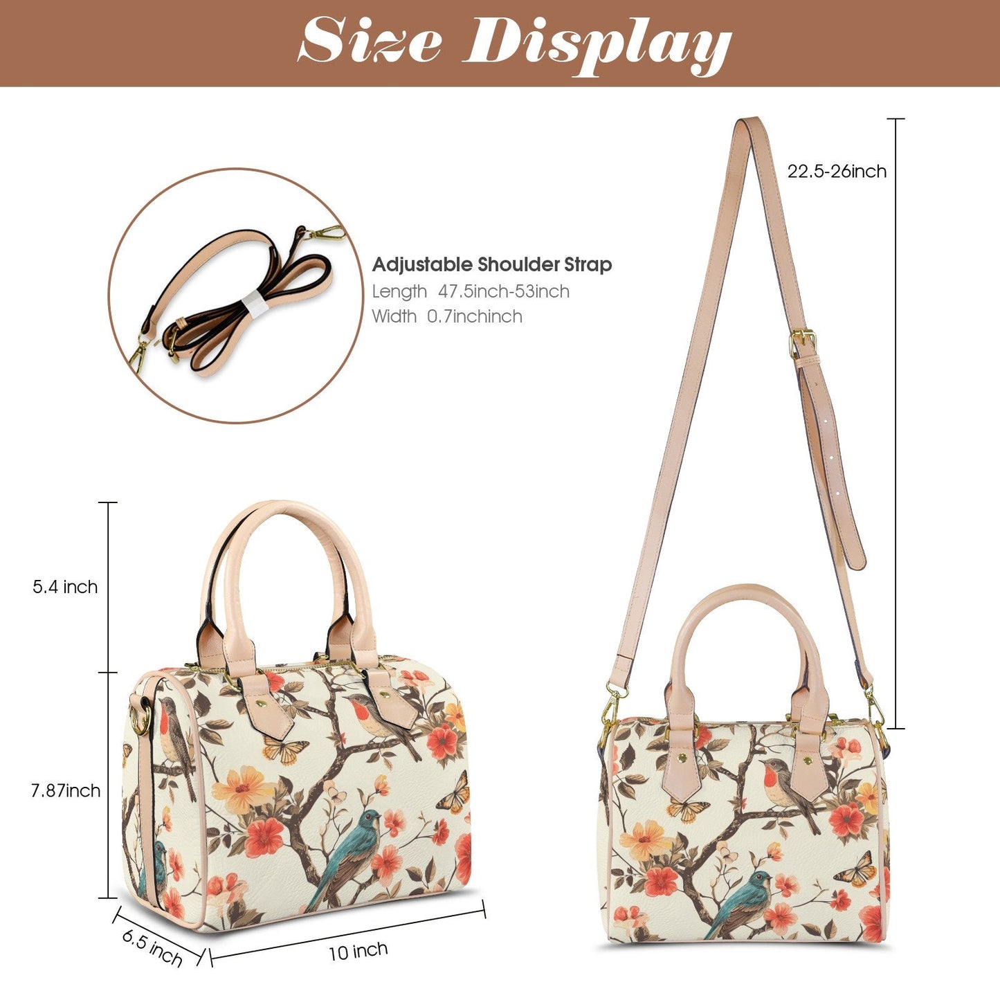 Songbird Elegance Boston Handbag, Waterproof PU Leather Handbag, Top Handle Vegan Leather, Crossbody, Shoulder bag.