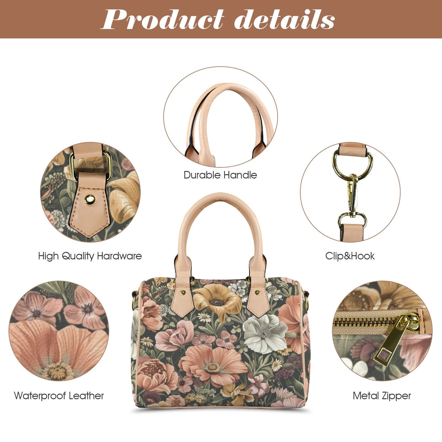 Petal Party Boston Leather Handbag. Waterproof PU Leather Handbag, Top Handle Vegan Leather, Crossbody, Shoulder bag.