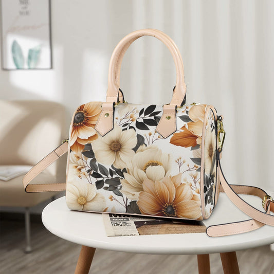 Timeless Bloom Leather Boston Handbag. Waterproof PU Leather Handbag, Top Handle Vegan Leather, Crossbody, Shoulder bag.