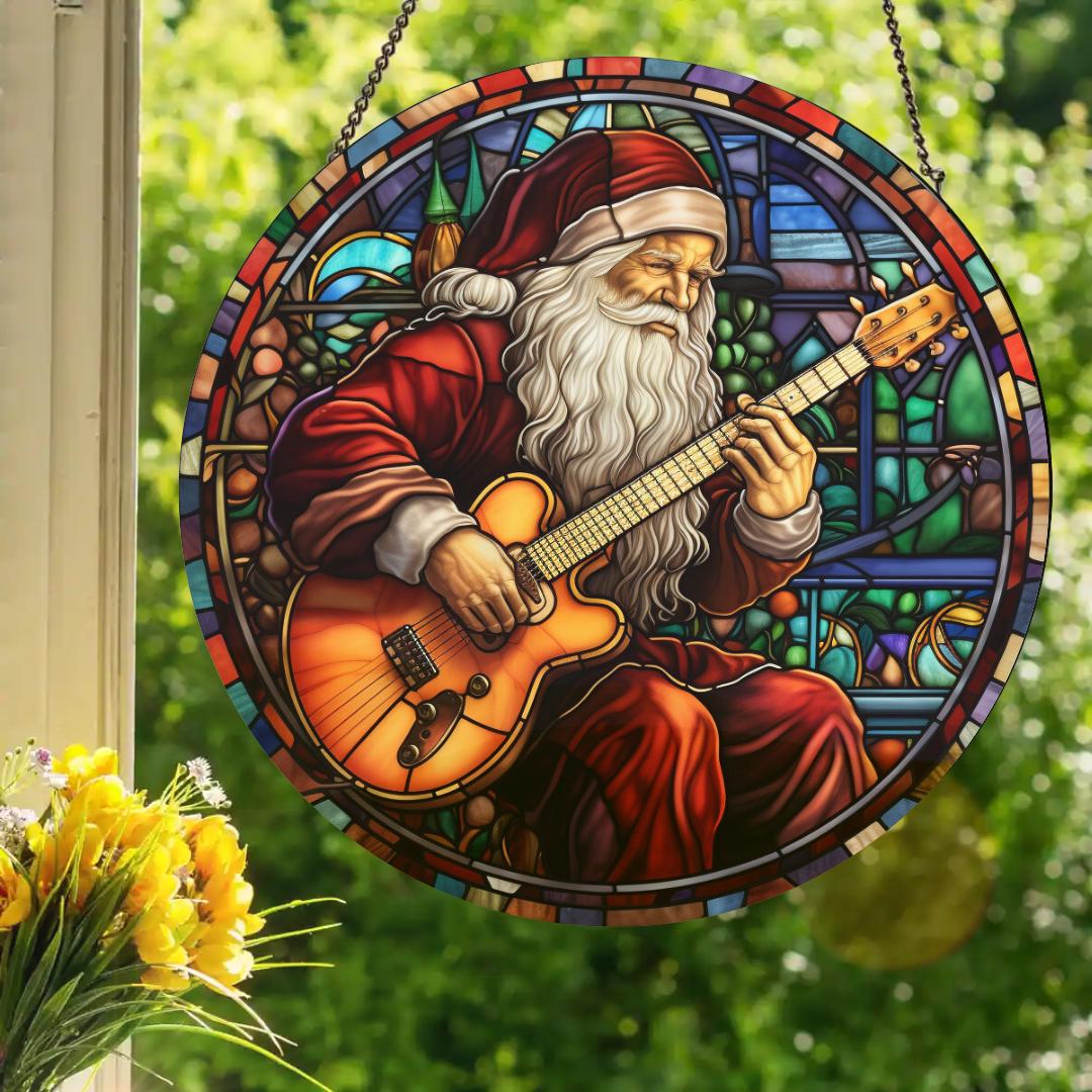 Guitarist Santa Claus: Stained Glass Style Window Hanging