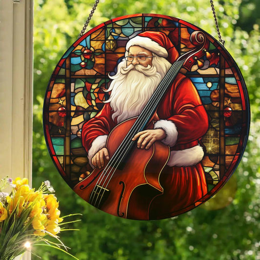 Bassist Santa Claus: Stained Glass Style Window Hanging