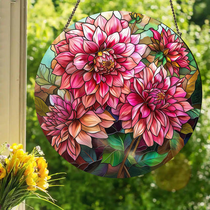 Pink Dahlias: Stained Glass Style Window Hanging