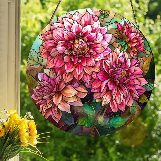 Pink Dahlias: Stained Glass Style Window Hanging