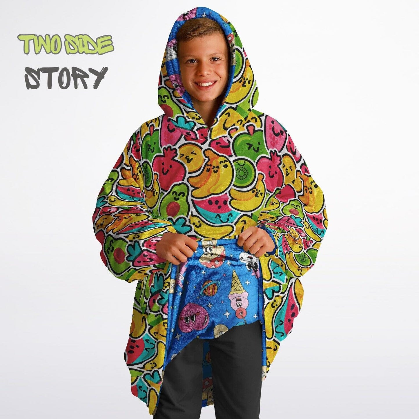 Cute Kawaii Fruit Reversible Kids Snug Hoodie,Oversized Double Sided Youth Hoodie Blanket,Warm Blanket with Sleeves,Unique Gifts for Kids