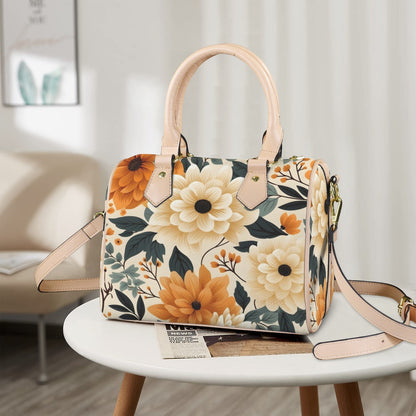 Sunset Blossom Leather Boston Handbag. Waterproof PU Leather Handbag, Top Handle Vegan Leather, Crossbody, Shoulder bag.