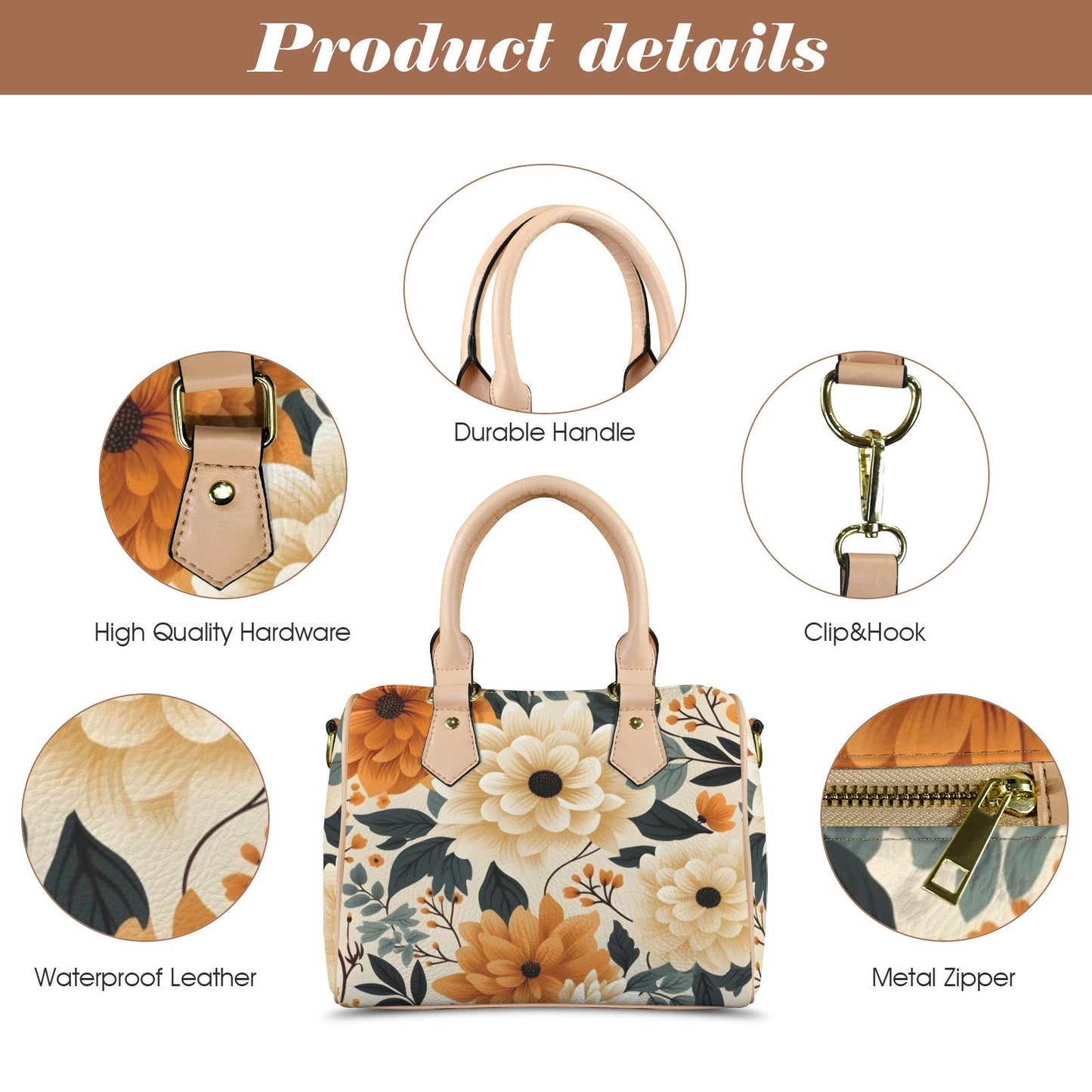 Sunset Blossom Leather Boston Handbag. Waterproof PU Leather Handbag, Top Handle Vegan Leather, Crossbody, Shoulder bag.