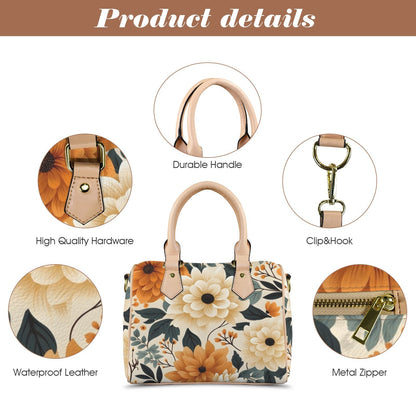 Sunset Blossom Leather Boston Handbag. Waterproof PU Leather Handbag, Top Handle Vegan Leather, Crossbody, Shoulder bag.