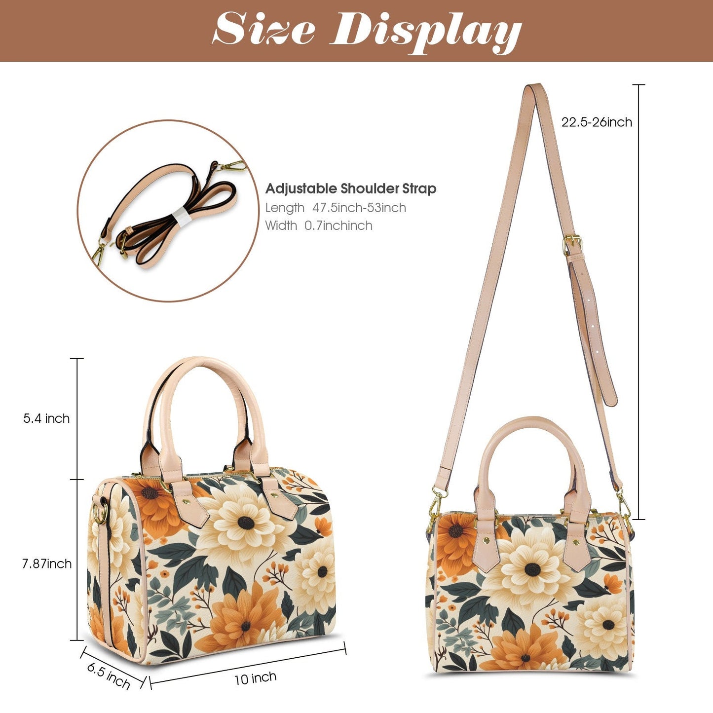 Sunset Blossom Leather Boston Handbag. Waterproof PU Leather Handbag, Top Handle Vegan Leather, Crossbody, Shoulder bag.