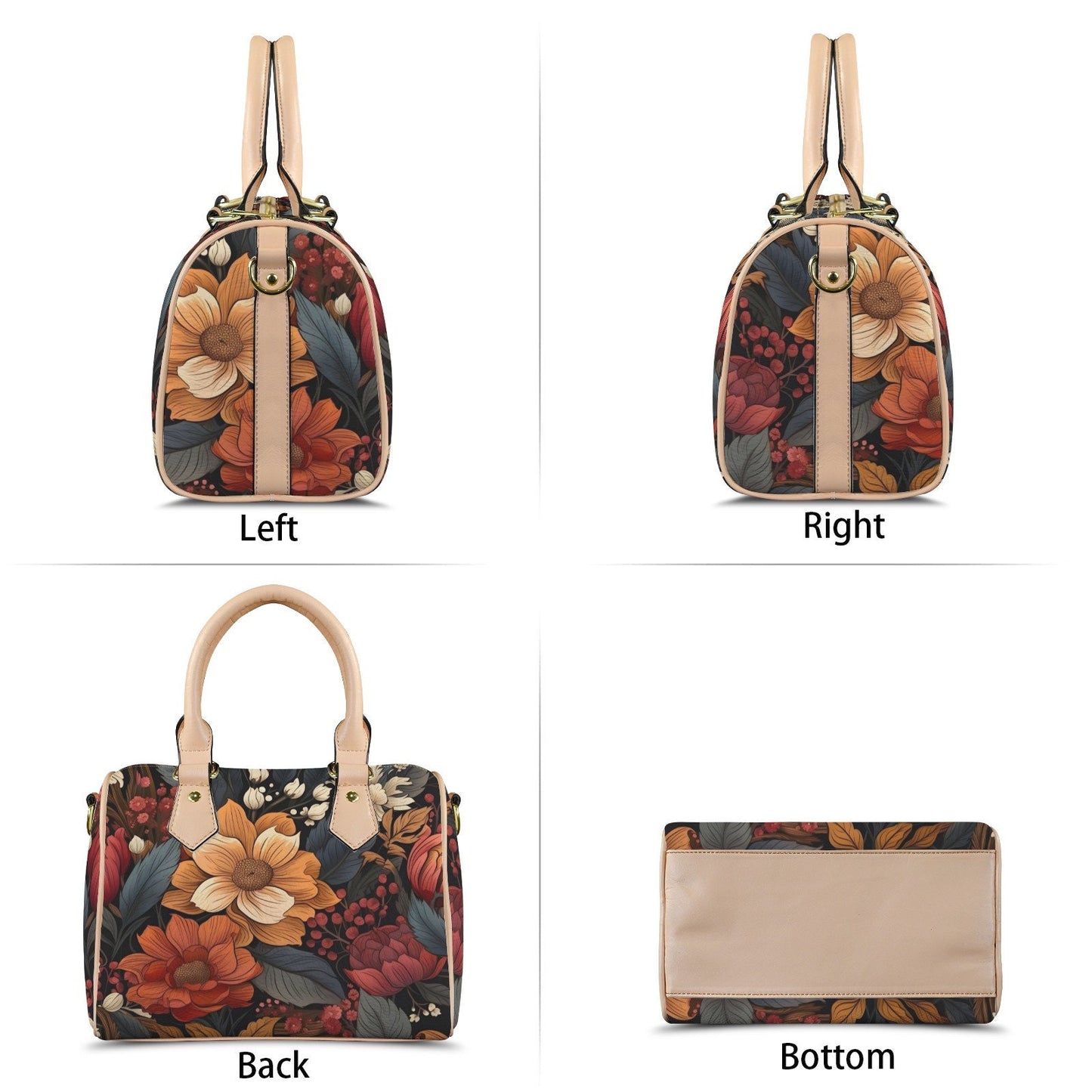 Autumn Bloom Leather Boston Handbag. Waterproof PU Leather Handbag, Top Handle Vegan Leather, Crossbody, Shoulder bag.