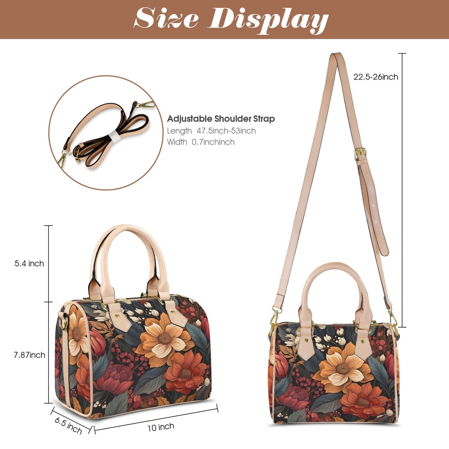 Autumn Bloom Leather Boston Handbag. Waterproof PU Leather Handbag, Top Handle Vegan Leather, Crossbody, Shoulder bag.