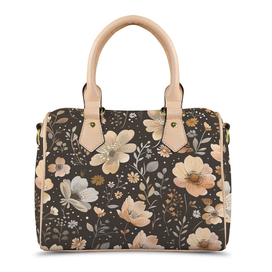 Blossom Brownie Leather Boston Handbag. Waterproof PU Leather Handbag, Top Handle Vegan Leather, Crossbody, Shoulder bag.