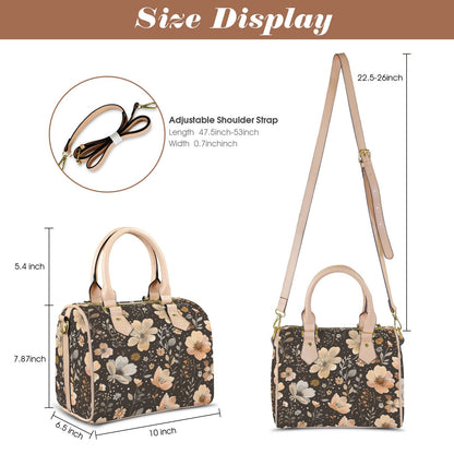 Blossom Brownie Leather Boston Handbag. Waterproof PU Leather Handbag, Top Handle Vegan Leather, Crossbody, Shoulder bag.