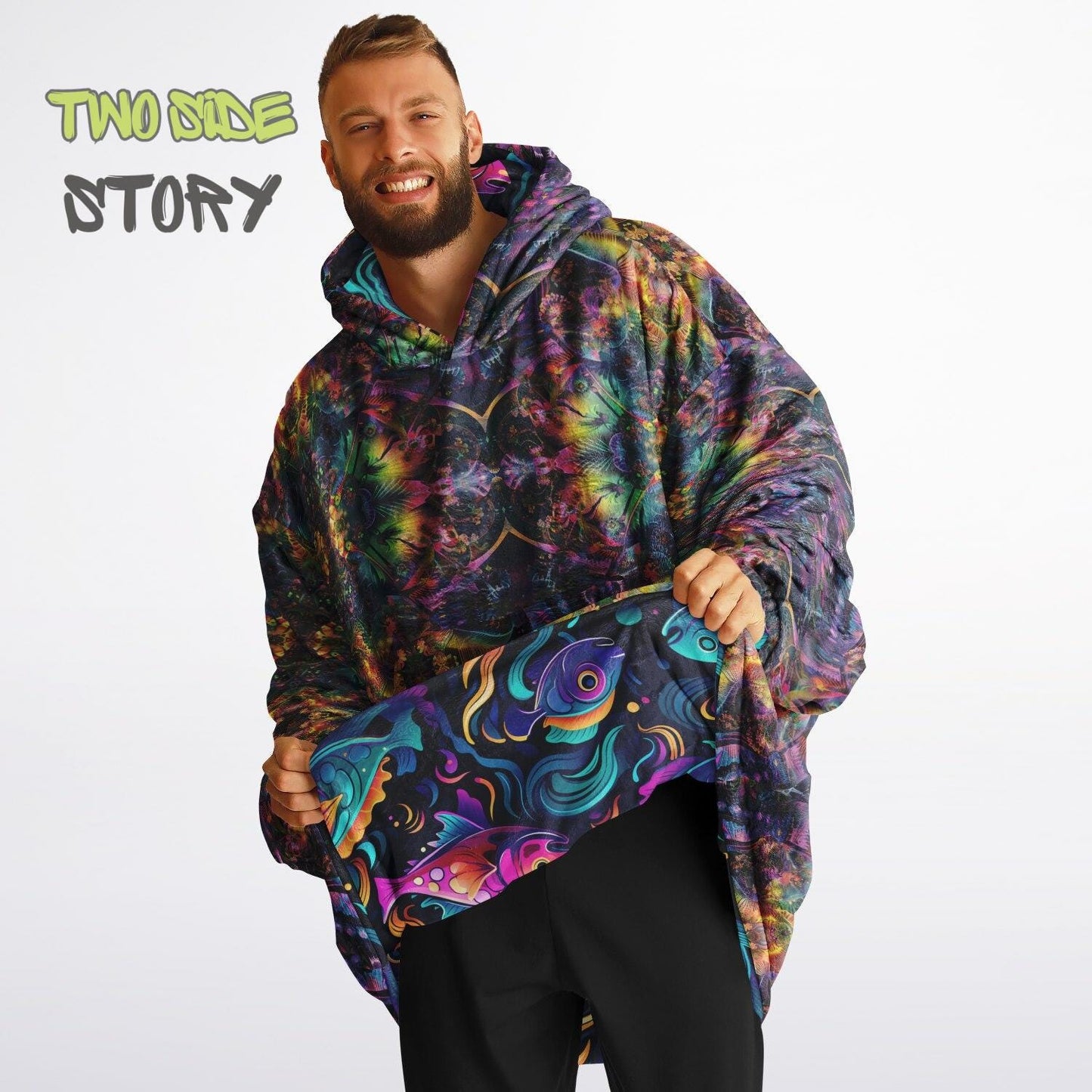 Unisex Reversible Snug Hoodie,Psychedelic Fish Trippy Print Blanket Hoodie,Festival Rave Party Wear,Oversized Hoodie Blanket,Unique Gifts