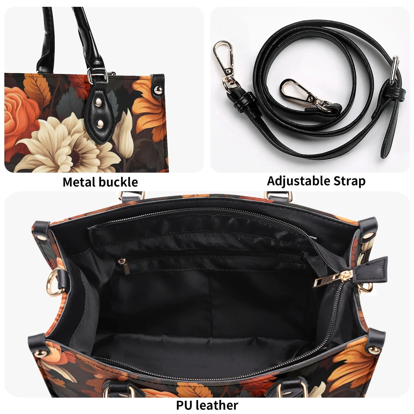 Harvest Bloom Tote Handbag. Autumn Handbag, Waterproof PU Leather Tote, Top Handle Vegan Leather, Crossbody, Shoulder bag.