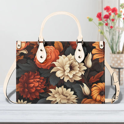 Harvest Bloom Tote Handbag. Autumn Handbag, Waterproof PU Leather Tote, Top Handle Vegan Leather, Crossbody, Shoulder bag.