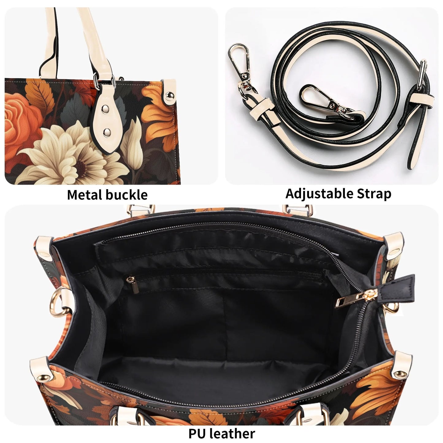 Harvest Bloom Tote Handbag. Autumn Handbag, Waterproof PU Leather Tote, Top Handle Vegan Leather, Crossbody, Shoulder bag.