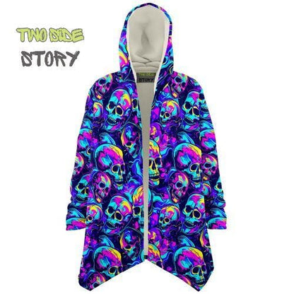 Unisex Micro-fleece Neon Skulls Print Hooded Cloak,Festival Rave Party Wear,Soft Halloween Cape,Vivid Colors EDM Festival Cape,Unique Gifts