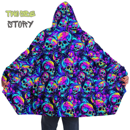 Unisex Micro-fleece Neon Skulls Print Hooded Cloak,Festival Rave Party Wear,Soft Halloween Cape,Vivid Colors EDM Festival Cape,Unique Gifts