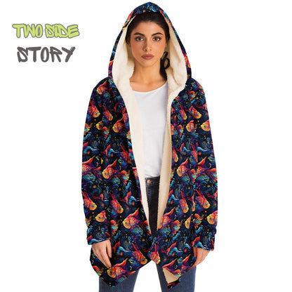 Unique Micro-fleece Psychedelic Fish Hooded Cloak,Festival Rave Party Wear,Soft Halloween Cape,Vivid Colors EDM Festival Cape,Unique Gifts
