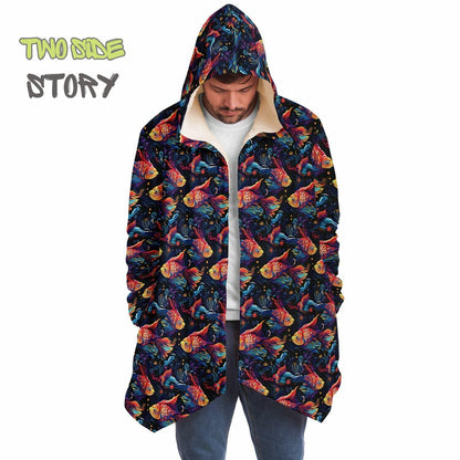 Unique Micro-fleece Psychedelic Fish Hooded Cloak,Festival Rave Party Wear,Soft Halloween Cape,Vivid Colors EDM Festival Cape,Unique Gifts