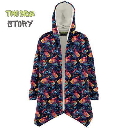 Unique Micro-fleece Psychedelic Fish Hooded Cloak,Festival Rave Party Wear,Soft Halloween Cape,Vivid Colors EDM Festival Cape,Unique Gifts