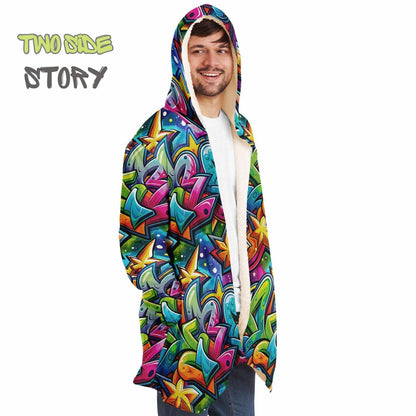 Unique Micro-fleece Graffiti Print Hooded Cloak,Festival Rave Party Wear,Soft Halloween Cape,Vivid Colors EDM Festival Cape,Unique Gifts