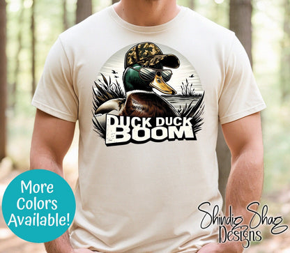 Duck Duck Boom Hunter T-Shirt: Mallard Camo Hunting Tee